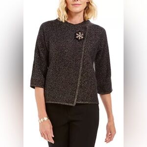 JM Collection Holiday Party Metallic Textured Brooch Sweater Jacket Medium